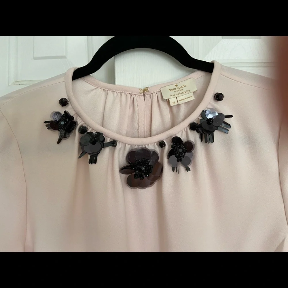 Kate Spade Women’s Embellished Crepe Top Medium Pink Ruffled Sleeve